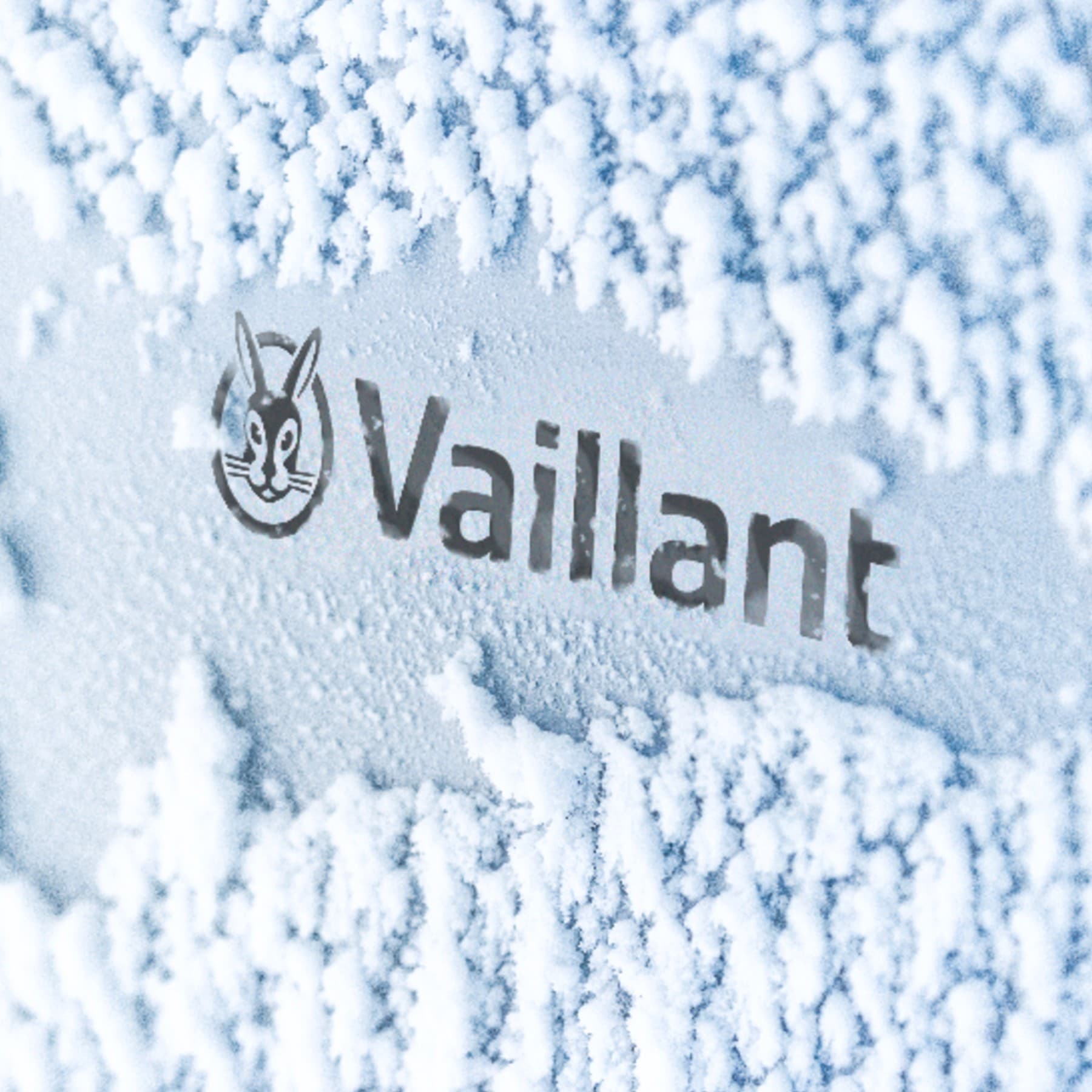 Karla kaplı bir ısı pompası üzerindeki Vaillant logosu